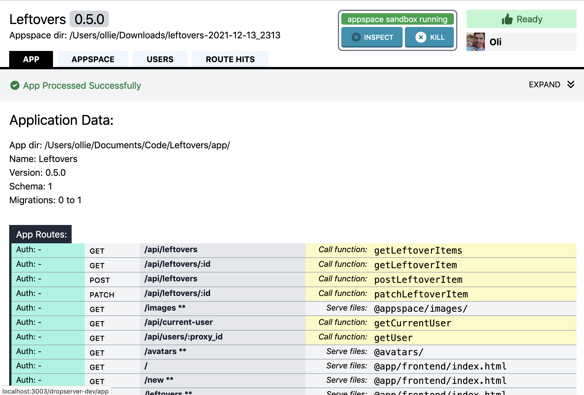 ds-dev app tab user interface